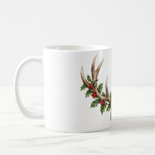 Taza De Café Cuerna de ciervo del bosque con bayas de acebo