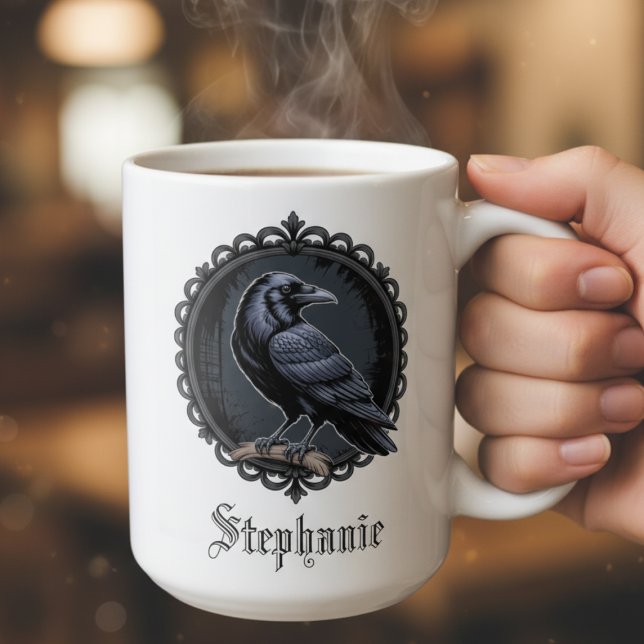 Taza De Café Cuervo Gótico con Nombre (Dual sided gothic raven personalized coffee mug)