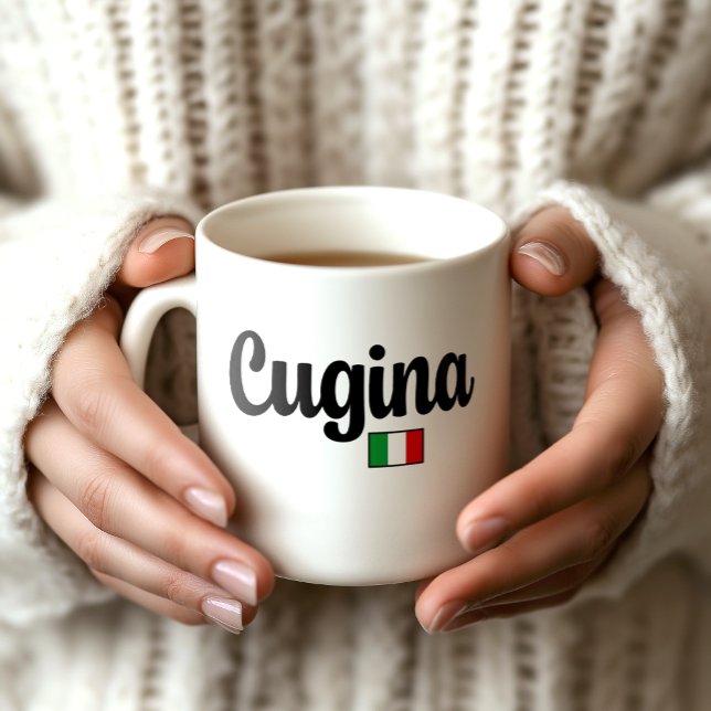 Taza De Café Cugina Italian Flag Mug (Woman's hands holding white Cugina mug with Italian flag. Gift for female cousin.)