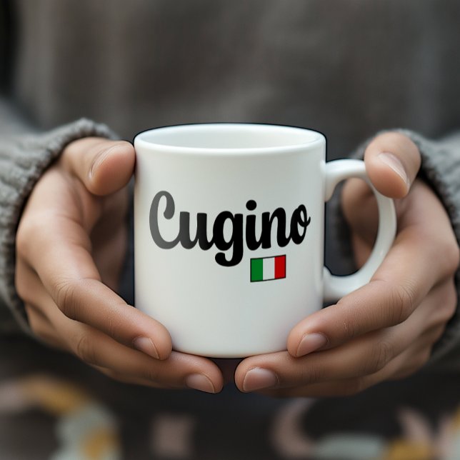 Taza De Café Cugino (Cousin Him) Italian Flag Mug (Man's hands holding white Cugino mug with Italian flag. Great heritage gift for cousin (him))