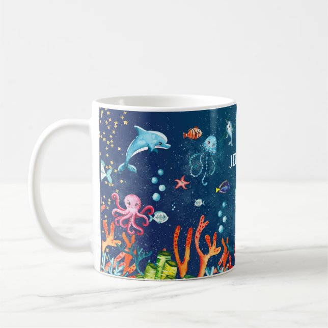 Taza De Café Cuidada acuarela bajo el mar Océano Personalizado  (Izquierda)