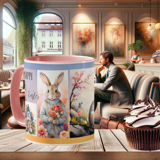 Taza De Café Cuidada acuarela de conejo de Pascua o foto