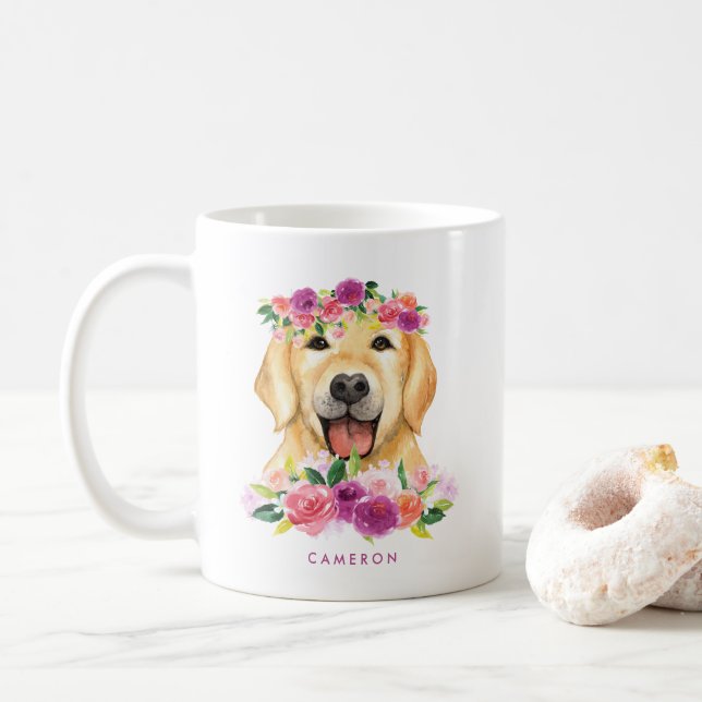 Taza De Café Cuidada acuarela Golden Retriever Purple Floral (Con donut)