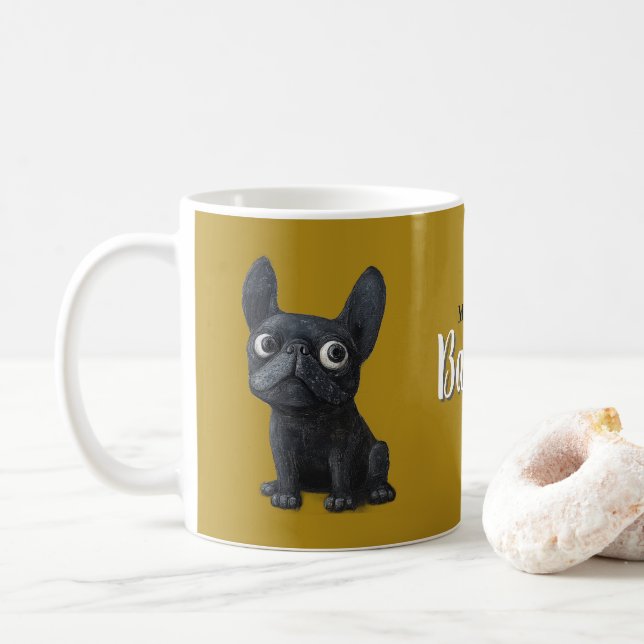 Taza De Café Cuidada acuarela Negro Frenchie mostaza Perro Amar (Con donut)