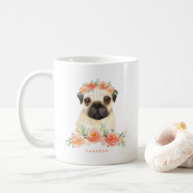 Taza De Café Cuidada acuarela Pug Peach Floral personalizada (Con donut)