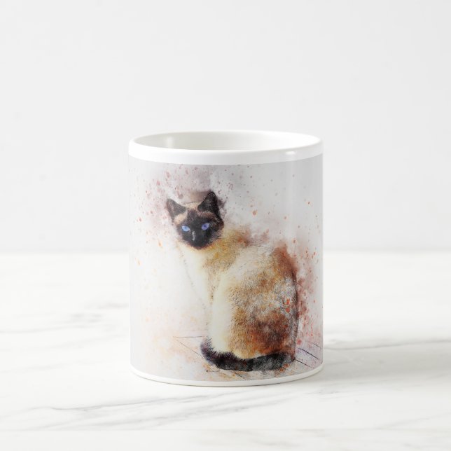 Taza De Café Cuidada acuarela Resumen gato siamés (Centro)