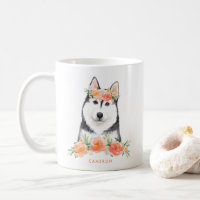 Cuidada acuarela Siberian Husky Peach Floral