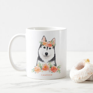 Taza De Café Cuidada acuarela Siberian Husky Peach Floral
