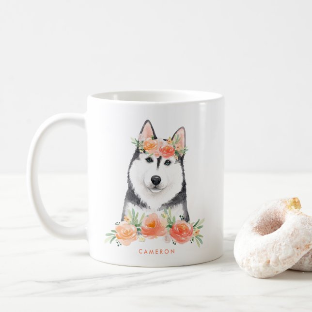 Taza De Café Cuidada acuarela Siberian Husky Peach Floral (Con donut)
