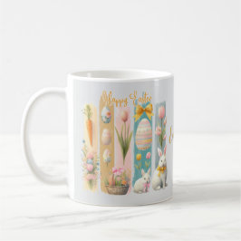 Taza De Café Cuidada Feliz Pascua Azul Oro Rosa Azul