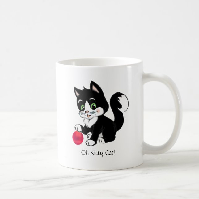 Taza De Café Cuidado gato blanco tuxedo gatito y bola roja (Derecha)