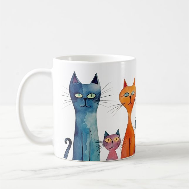Taza De Café Cuidados Gatos Acuarela Azul Naranja Verde Whimsic (Izquierda)