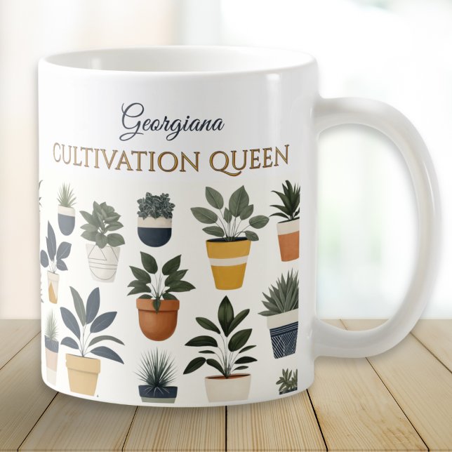 Taza De Café Cultivación de plantas Queen (A chic mug with 'Cultivation Theme words, personalized name and pattern of green plants in pots)