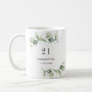 Taza De Café Cumpleaños 21 Eucalipto Verdor Monograma