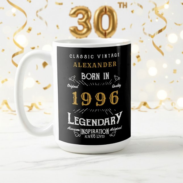 Taza De Café Cumpleaños 30 1996 Legendario Retro (1996 coffee mug with white and gold background.)