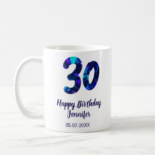 Taza De Café cumpleaños 30 añadir nombre fecha año azul destell