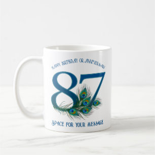 Taza De Café Cumpleaños 87 personalizable con pluma de pavo rea