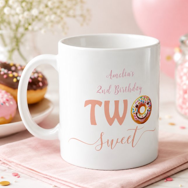 Taza De Café Cumpleaños de 2 años con dos donas dulces (Two Sweet Donuts 2nd Birthday party Coffee Mug)