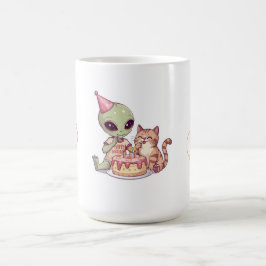 Taza De Café Cumpleaños de gato alienígena de dibujos animados