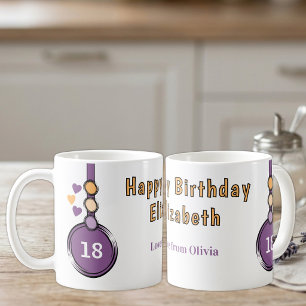 Taza De Café cumpleaños feliz 18 nombre púrpura naranja