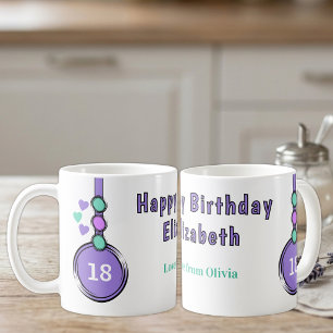 Taza De Café cumpleaños feliz 18 nombre púrpura verde