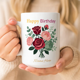 Taza De Café Cumpleaños Feliz Floral Elegante Nombre Personaliz