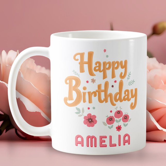 Taza De Café Cumpleaños Feliz Flores Florales Letra a Mano (Subido por el creador)