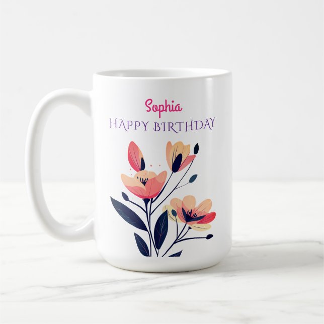 Taza De Café Cumpleaños feliz, nombre, flores, blanco (Izquierda)