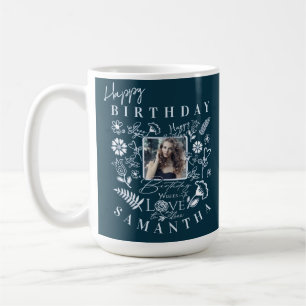 Taza De Café Cumpleaños Floral Moderno Tipografía Foto Doodle