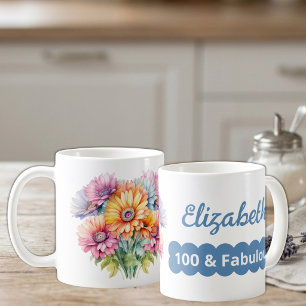 Taza De Café cumpleaños número 100 nombre gerbera flores azul
