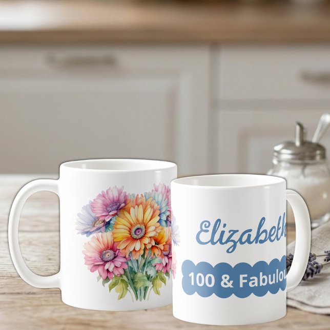 Taza De Café cumpleaños número 100 nombre gerbera flores azul (Subido por el creador)