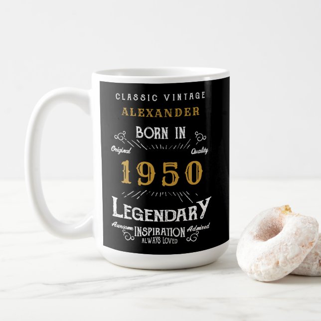 Taza De Café Cumpleaños Personalizado 1950 Legendario Oro Negro (Con donut)