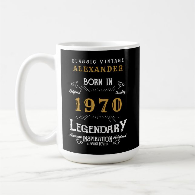 Taza De Café Cumpleaños Personalizado 1970 Añadir tu nombre leg (Izquierda)
