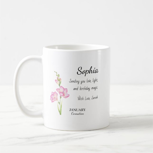 Taza De Café Cumpleaños Personalizado de Enero con Clavel (Izquierda)