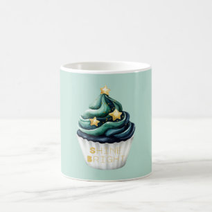 Taza De Café Cupcake Verde Azul Dorado Estrellas Brillan Fuerte