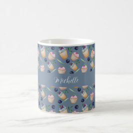 Taza De Café Cupcakes Azules y Frutas Patrón de Acuarela