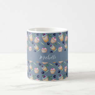 Taza De Café Cupcakes Azules y Frutas Patrón de Acuarela