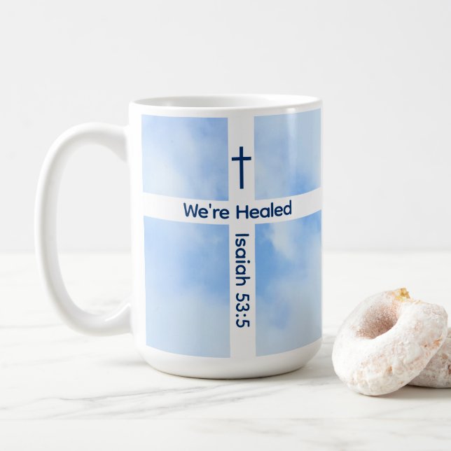 Taza De Café Curación de la Biblia de la Cruz Cristiana Azul Cl (Con donut)