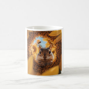 Taza De Café Curioso Chipmunk Peeando a través del girasol comi