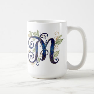 Taza De Café Cursive M – Elegant Blue & Gold Monogram