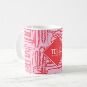 Taza De Café Curva Rosa Roja Ondulada Garabato Abstracto Monogr
