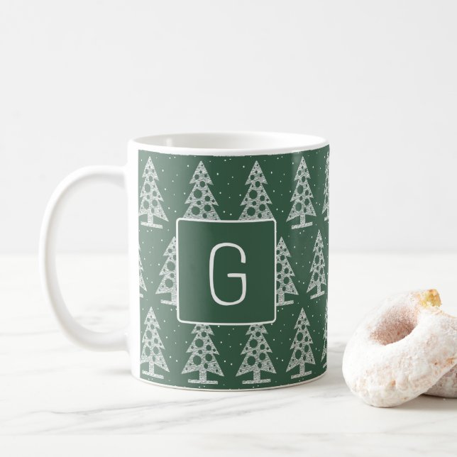 Taza De Café Custom Christmas Monogram Mug with White Trees (Con donut)
