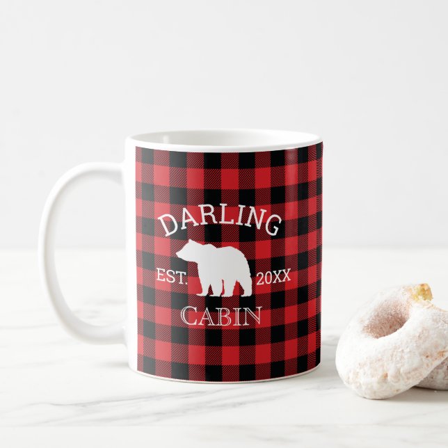 Taza De Café Custom Family Name Bear Buffalo Check Rustic (Con donut)