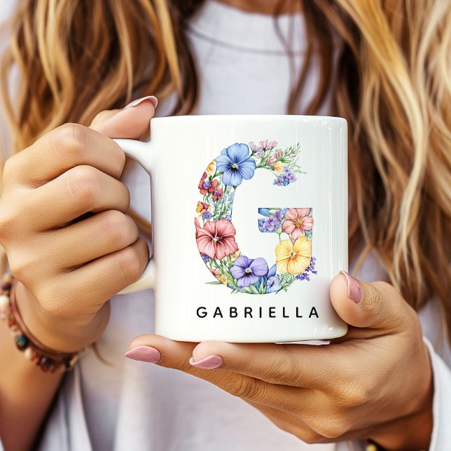 Taza De Café Custom Floral Alphabet Mug for Mom, Birthday Gift (Custom Monogram Name Mug for Teacher Nurse, Custom Floral Alphabet Mug for Her, Mom or Bridesmaids)