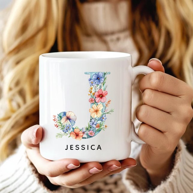 Taza De Café Custom Floral Initial Coffee Mug Birthday Gift (Custom Monogram Name Mug for Mom or Bridesmaids, Custom Floral Alphabet Mug for Teacher or Nurse)