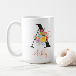 Taza De Café Custom Floral Watercolor Monogram Name