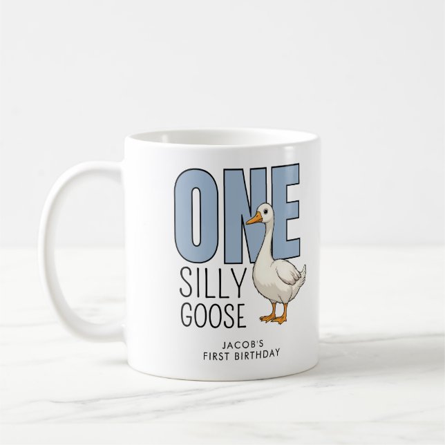 Taza De Café Custom Modern Blue One Silly Goose First Birthday (Izquierda)