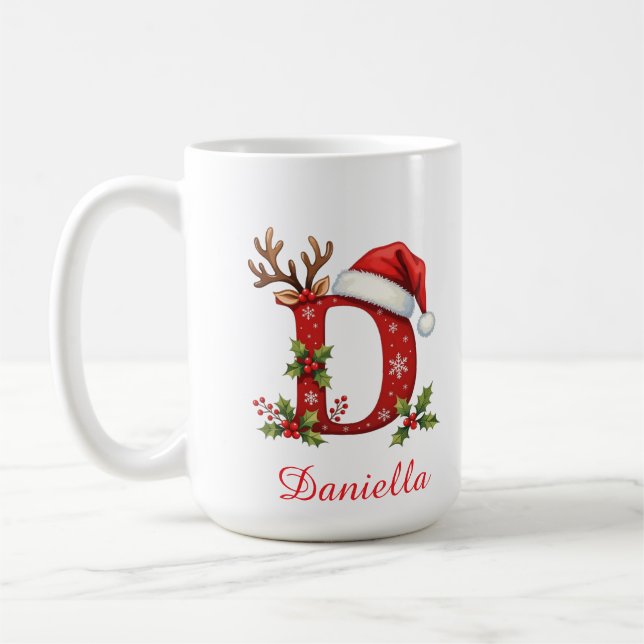 Taza De Café Custom monogram initial snowflake merry Christmas  (Izquierda)