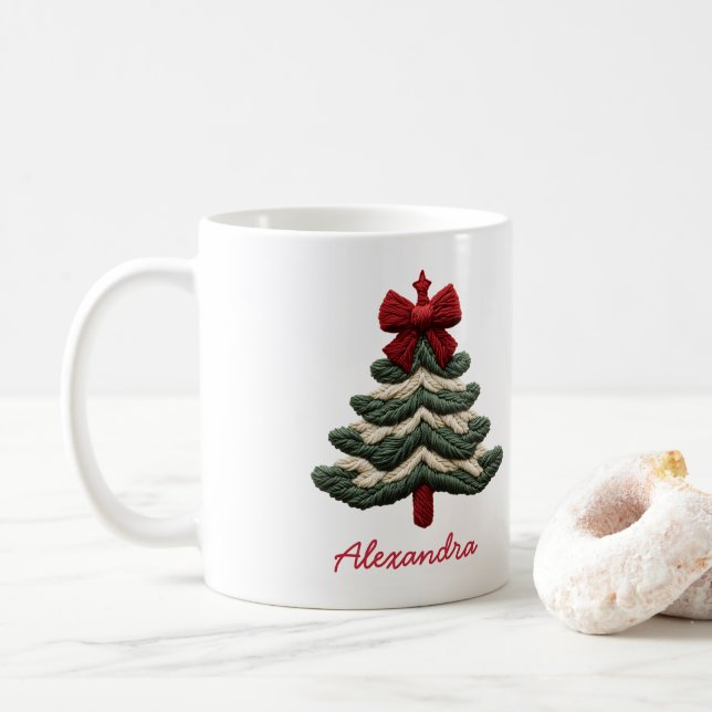 Taza De Café Custom Name Cozy Rustic Embroidered Christmas Tree (Con donut)