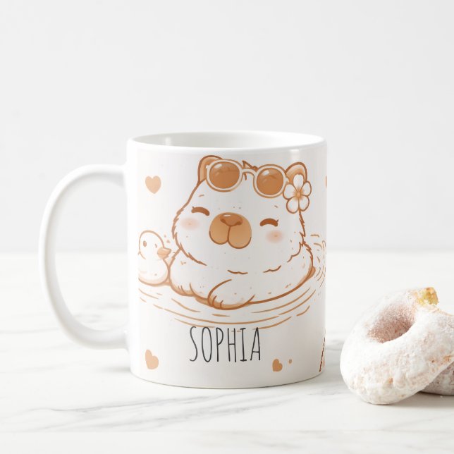 Taza De Café Custom Name Cute Capybara With Sunglasses Kids (Con donut)
